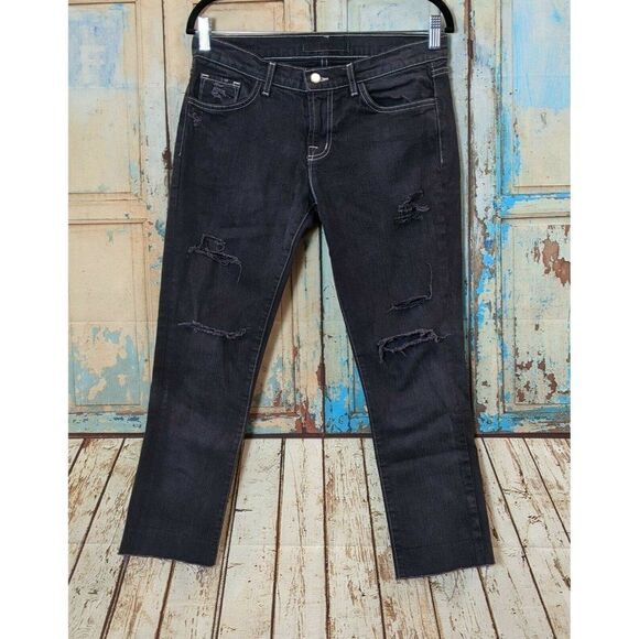 J Brand Womens Size 28 Black Distressed Mid Rise Straight Leg Denim Jeans - Picture 1 of 10